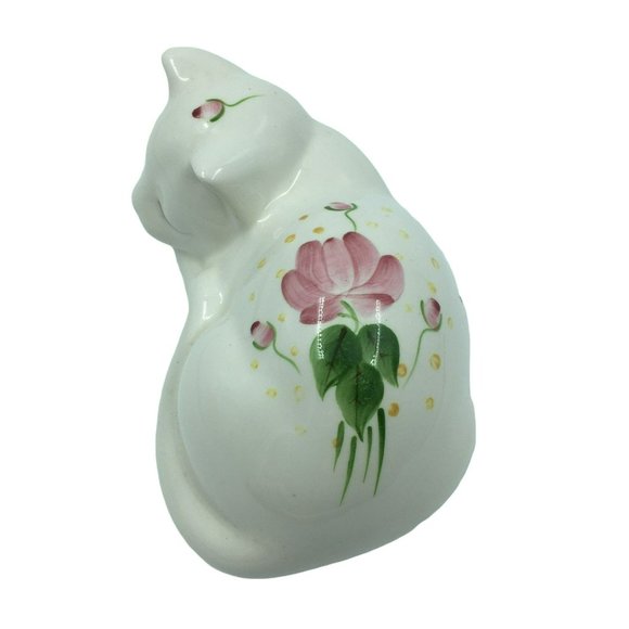 Sleeping kitten figurine Vintage hand painted white pink flowers floral cat shel - Picture 2 of 8